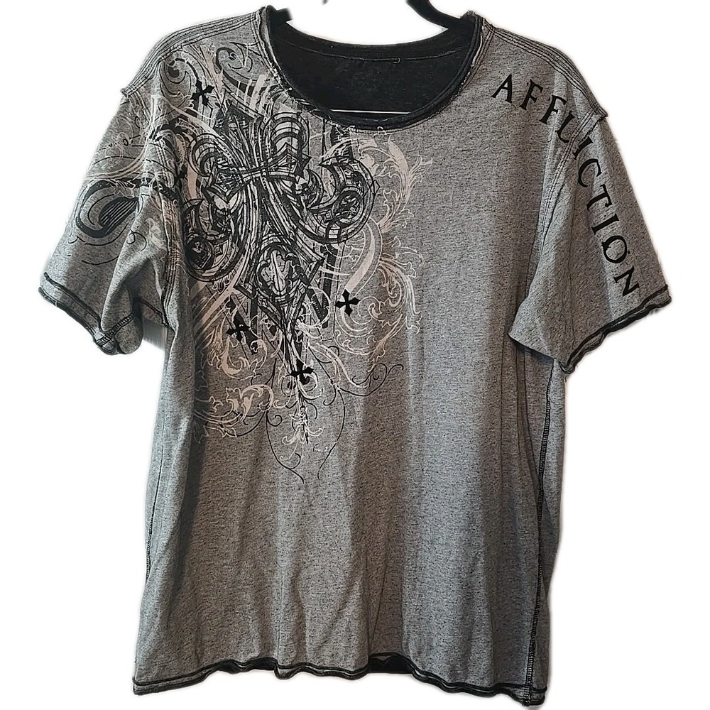 Affliction Graphic T-Shirt‎ Size L Gray Double Sided Short Sleeve Y2K Distressed